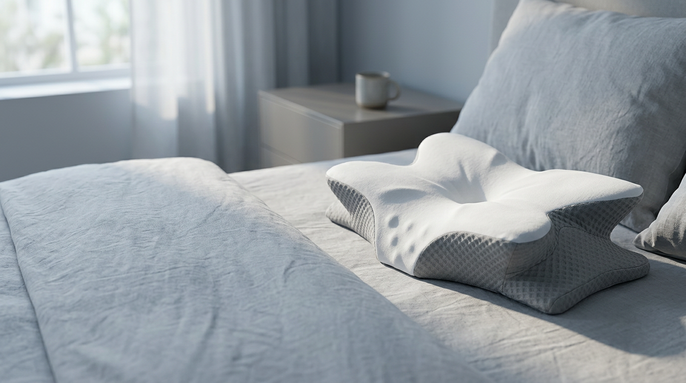 The Verticove butterfly pillow on grey linen bedding in morning light